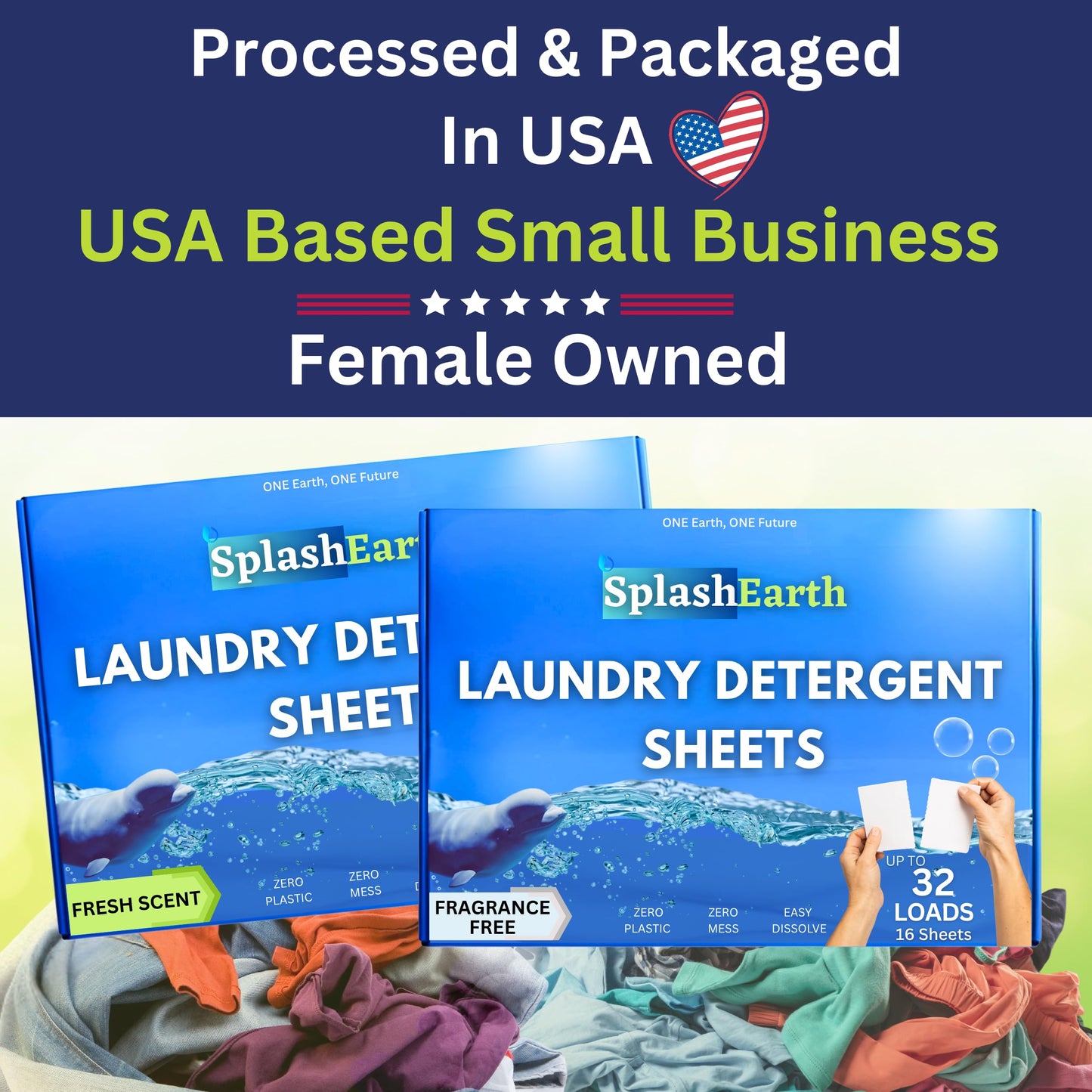 Splash Earth Laundry Detergent Sheets (64 Loads, Fresh Scent), Eco-Friendly Washer Sheets Detergent, Plastic-Free Travel Laundry Soap, 32 Strips