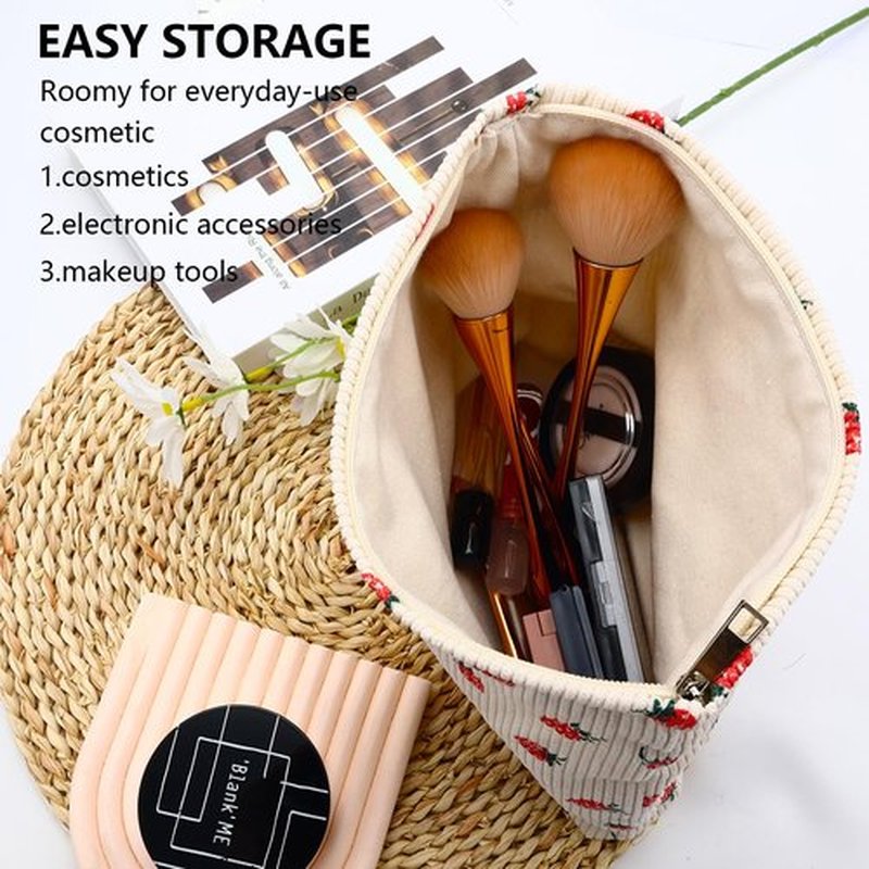 Makeup Bag for Women Large Corduroy Cosmetic Bag Travel Makeup Pouch for Purse Zipper Toiletry Bag Organizer Y2K Cute Aesthetic Trendy Makeup Brushes Storage Bag Travel Essential (Beige Strawberry)