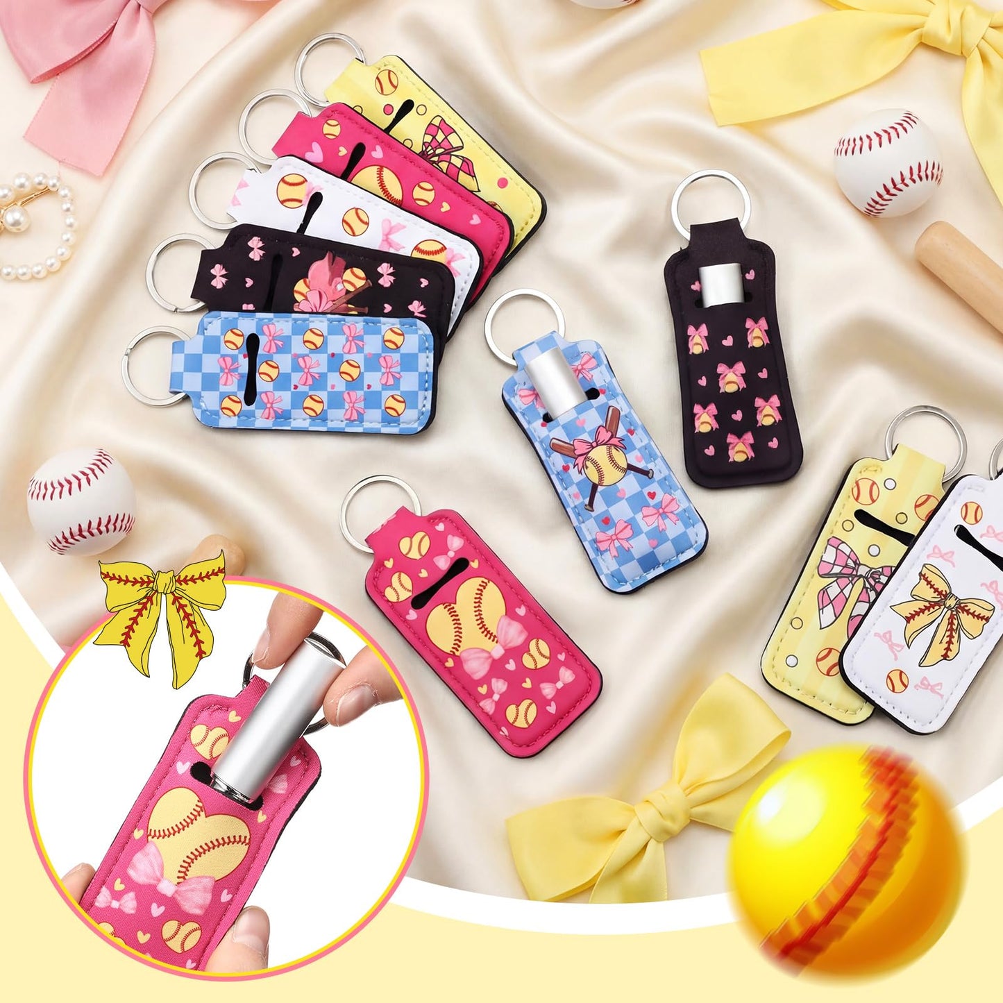 Ctosree 20 Pcs Coquette Softball Party Favors Lipstick Holder Keychains Bulk Softball Bow Lip Balm Holder Keychain Sport Ball Team Gifts Bulk for Sports Team Fans Birthday Party Supplies