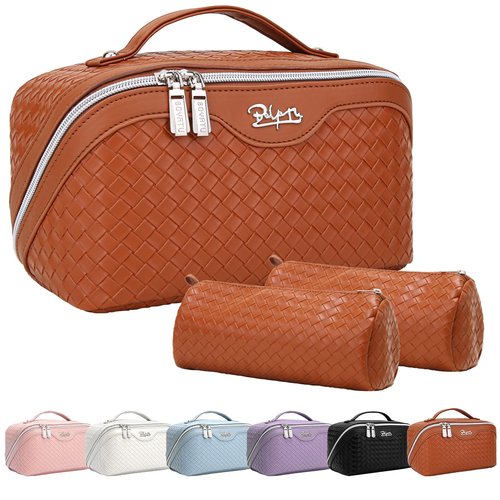 Travel Makeup Bags Cosmetic Organizer Bag: Large Capacity Make up Bag Set of 3 - Vegan Leather Toiletry Bag for Women - Portable Makeup Organizer with Compartments & Handle & Divider (2 Brown)