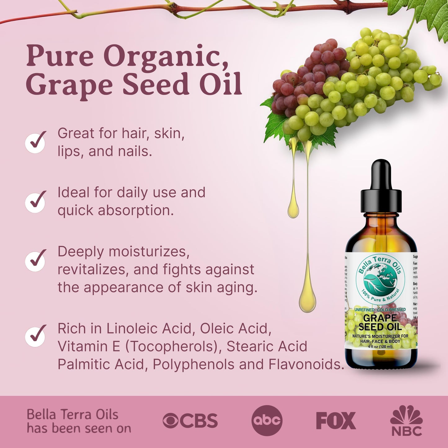 Bella Terra Oils - Natural Grape Seed Oil 8 oz - Dive into Natural Grape's Nutritional Power, Packed with Antioxidants & Omega-6, Elevate Your Skin Care Essence