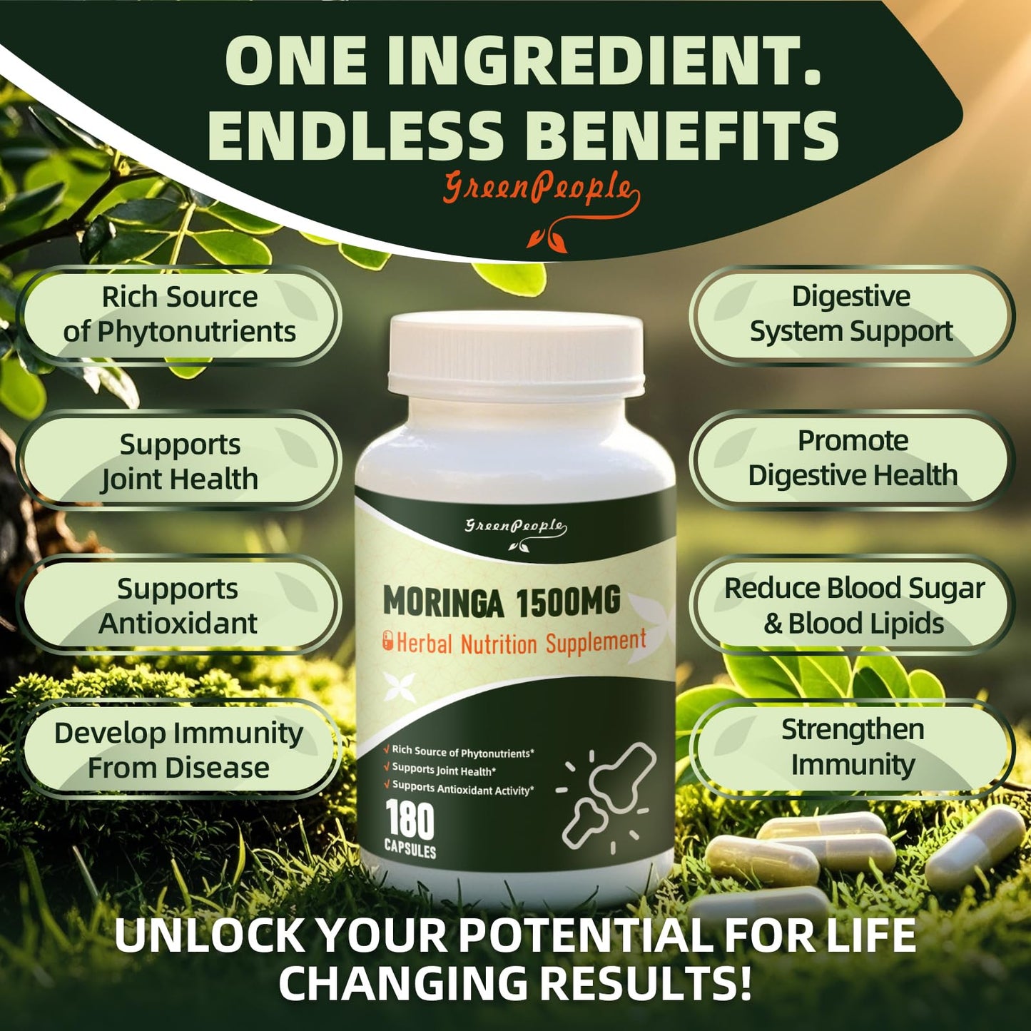 GREENPEOPLE Whole-Leaf Moringa Capsules 1500mg - High Potency 10:1 Moringa Oleifera Leaf Extract - Natural Green Superfood for Energy & Immune Support - Vegan, Non-GMO, Caffeine Free - 180 Count