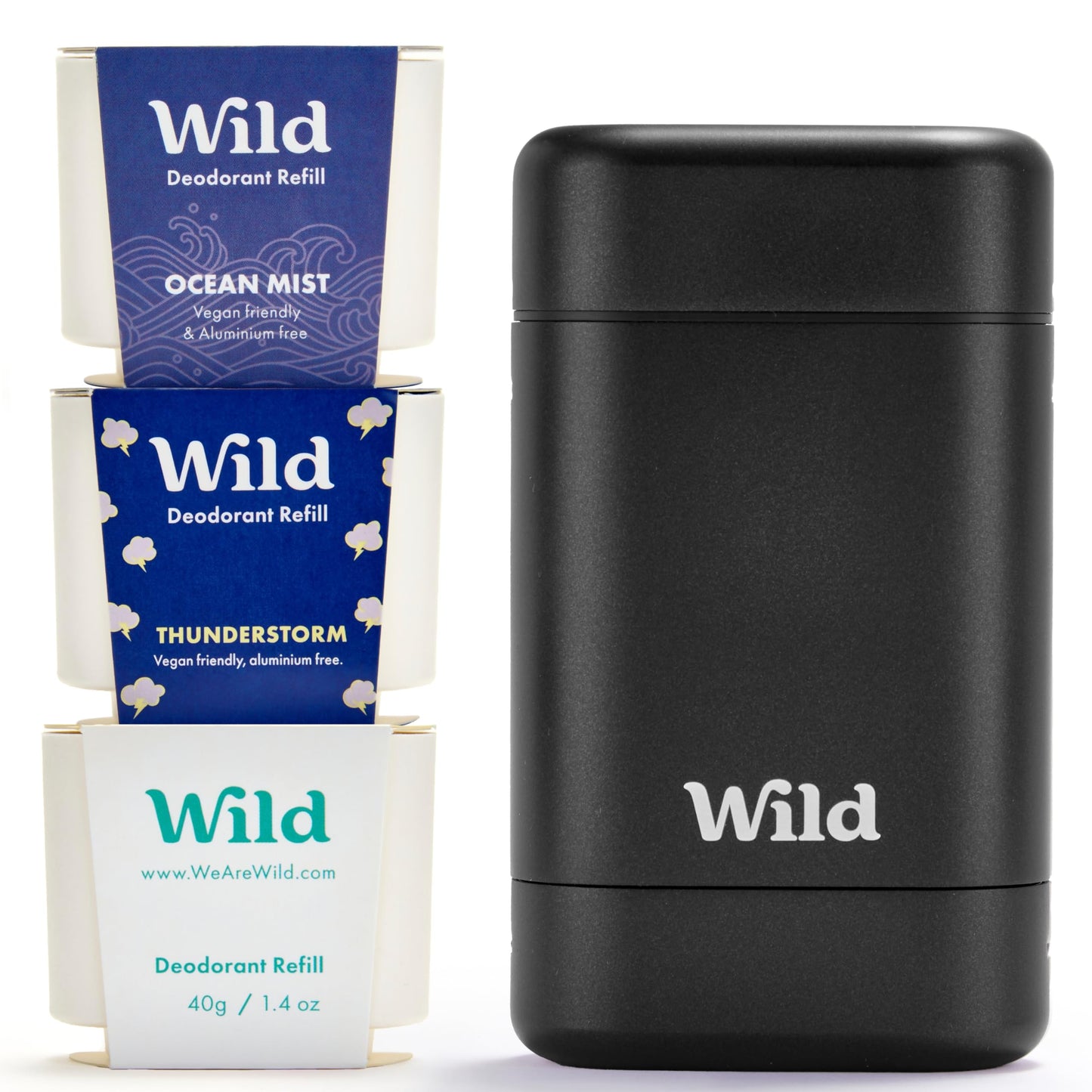 Wild Aluminum Free Natural Deodorant Starter Kit - Refillable Black Case - Natural Ingredients & 24 Hour Odor Protection - Women & Men's - Fresh Clean Scents Variety Pack - Case + 3 Refills