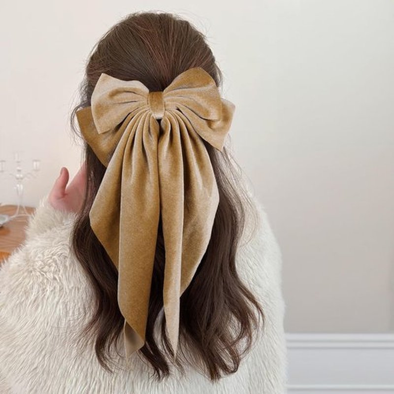 Khaki Velvet Hair Bows with Long Tail for Women Girls Thick Hair Ponytail Holder Decor Accessory, Velvet Ribbon Bow-Knot French Hair Barrette Clip Fall Winter Early Spring Headwear