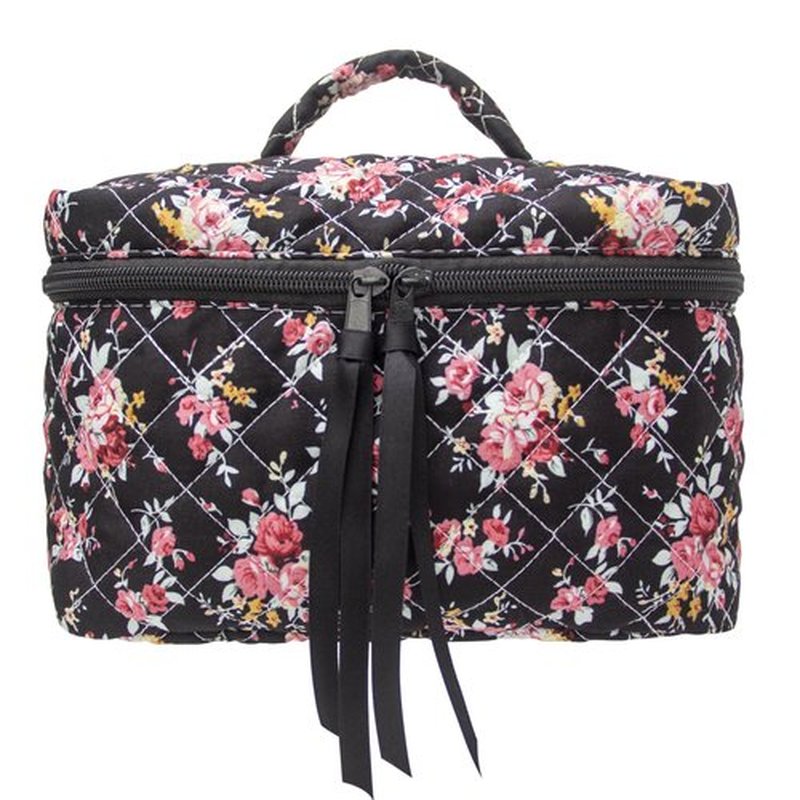 PAZIMIIK Cotton Makeup Bag for Women Large Quilted Travel Cosmetic Case Girls' Make Up Organizer,Rose Black