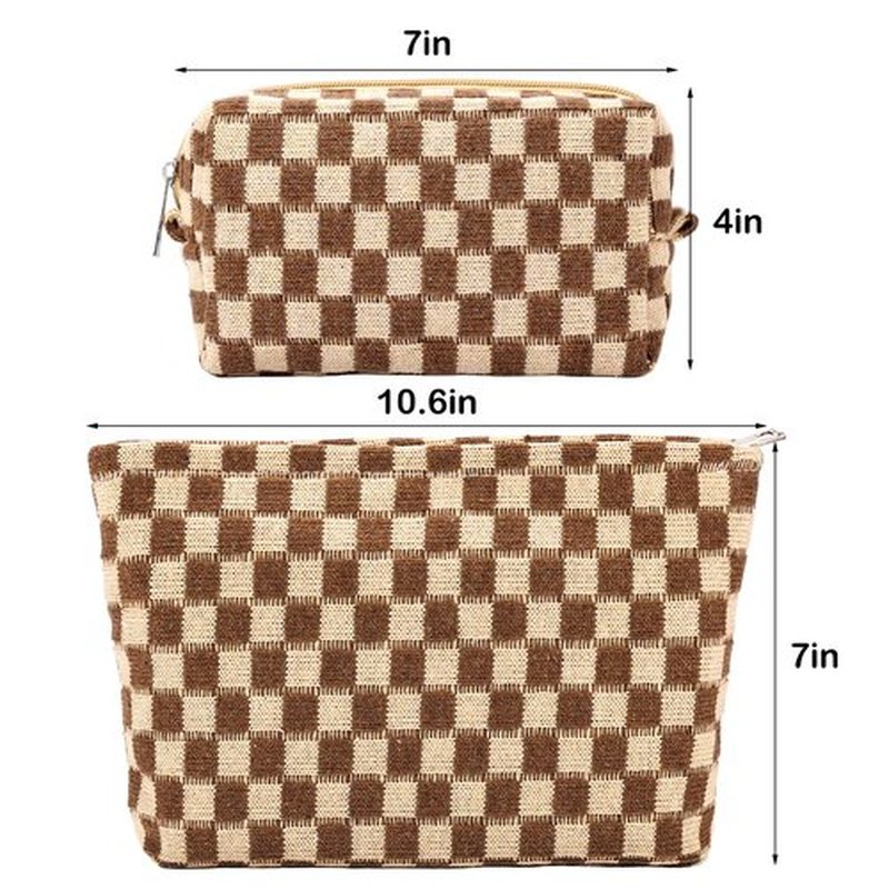 ZLFSRQ 2Pcs Checkered Makeup Bag for Women Large Cosmetic Bag Set Travel Toiletry Bag Makeup Pouch Bag for Purse Brown Zipper Storage Bag Organizer Cute Small Aesthetic Girls Car Essentials Bag