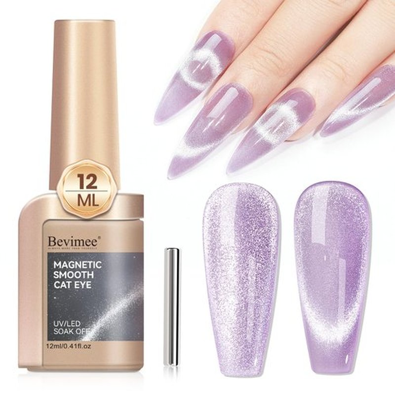 Bevimee Cat Eye Gel Nail Polish 12ML, Lavender Purple Smoothie Magnetic Gel Polish Holographic Shimmer Glitter Cats Eye Nail Polish with Magnet Stick Soak Off UV Gel Nail Art Varnish