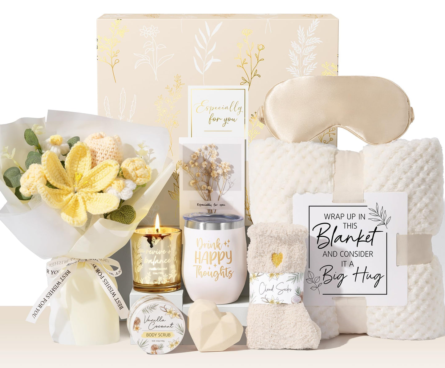 Birthday Gifts for Women Self Care Package Get Well Soon Gift Baskets, Thinking of You Sympathy Gift Set w/ Crochet Flower Bouquet, Unique Christmas Spa Gifts for Women Mom Her Best Friend Sister Wife