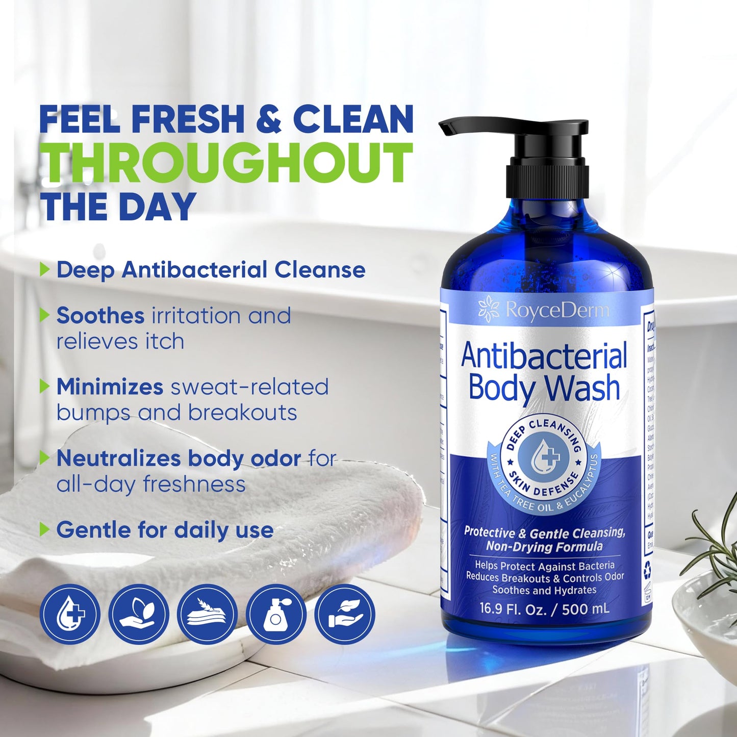 Roycederm Antibacterial & Antifungal Body Wash (16.9 fl oz) - Antibacterial Soap for Odor, Back Acne, Jock Itch, Athlete’s Foot & Eczema - Kills 99.9% of Germs & Bacteria - Non-Drying Daily Cleanse