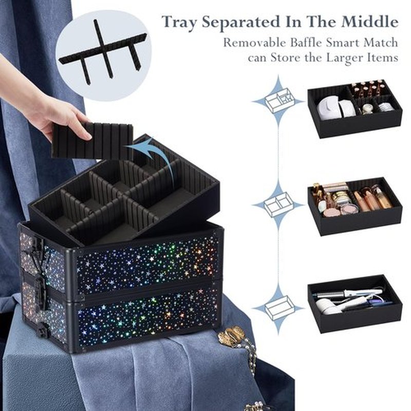 Stagiant Rolling Makeup Train Case Large Storage Cosmetic Trolley 4 in 1 Large Capacity Trolley Makeup Travel Case with Key Swivel Wheels Salon Barber Case Traveling Cart Trunk