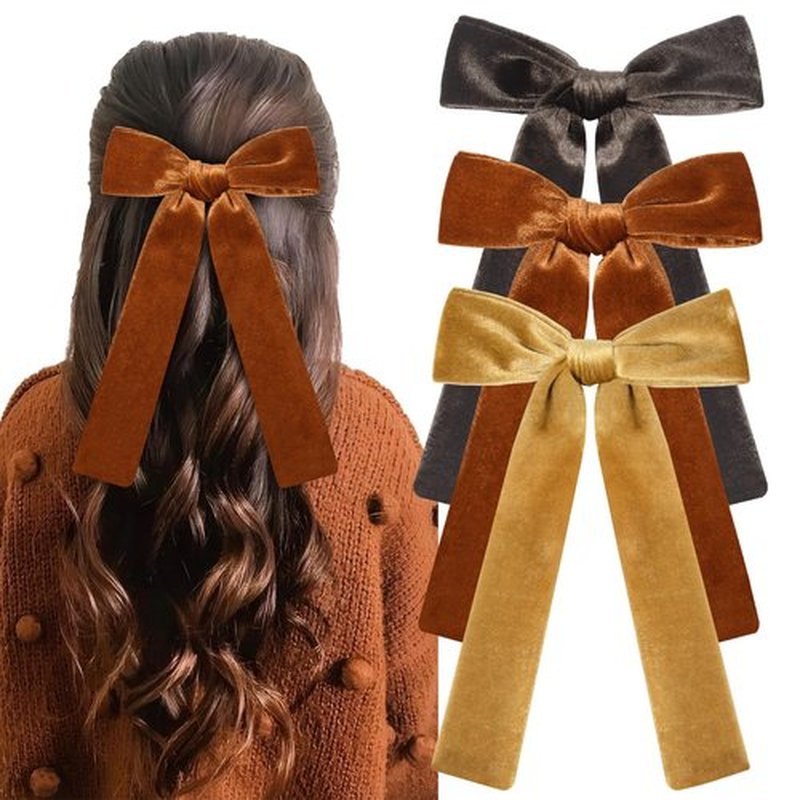 CEELGON 3 PCS Long Tail Velvet Hair Bows Hair Bow Set for Toddler Girls Long Ponytail Knot Bows Alligator Clip Hair Accessories for Girls and Women (Gold, Orange Brown, Dark Brown)