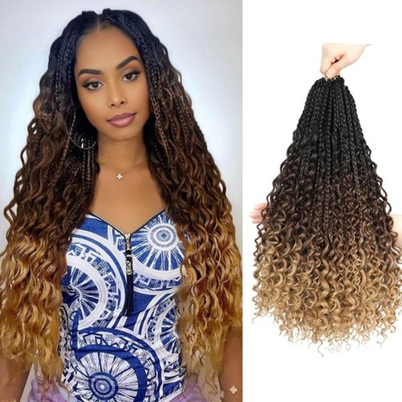 Goddess Box Braids Crochet Hair 14Inch 8Packs Pre Looped Boho Box Braids Braiding Hair Curly Ends Bohomian Crochet Box Braids (1B/30/27#, 14 inch)