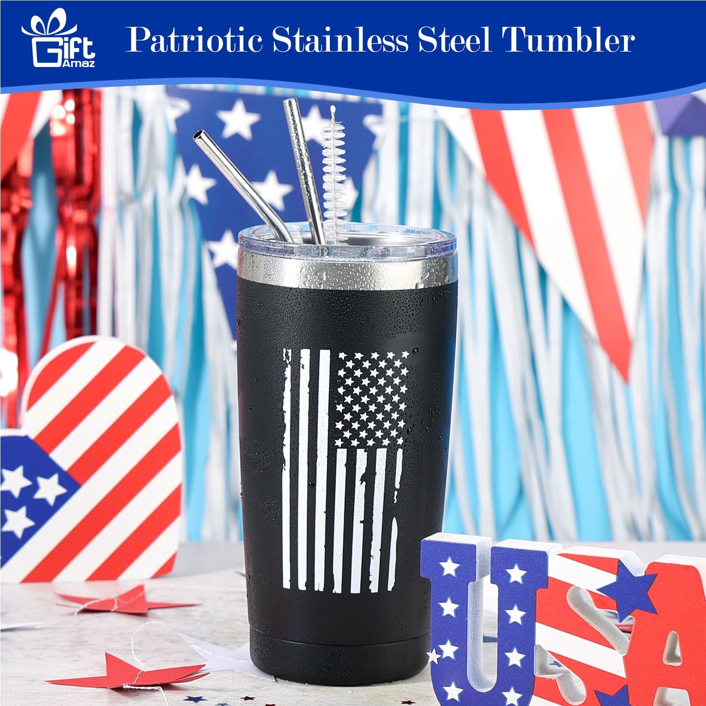 GiftAmaz New US Citizen Gifts, American Flag Gift Set with 20oz Travel Tumbler for Coffee or Cold Drinks, US Citizenship Congratulations Birthday Valentines Day Box Gift for Veterans Women Men