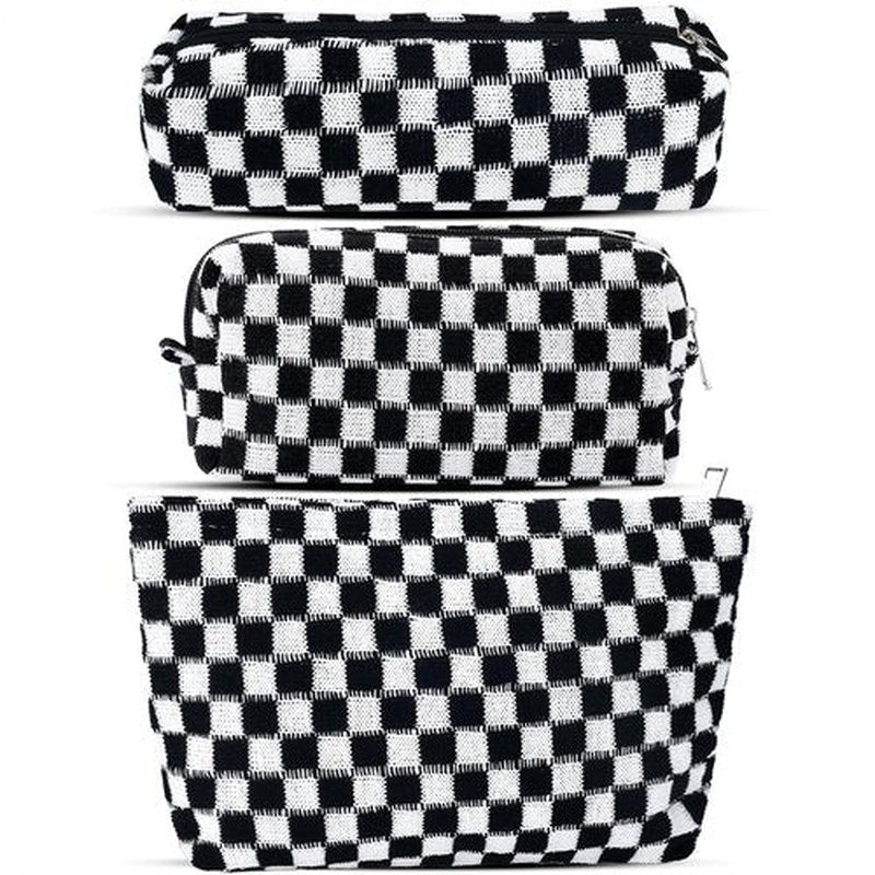ZLFSRQ 3Pcs Checkered Makeup Bag for Women Large Cosmetic Bag Set Travel Toiletry Bag Makeup Pouch Bag for Purse Black Zipper Storage Bag Organizer Cute Small Aesthetic Girls Car Essentials Bag