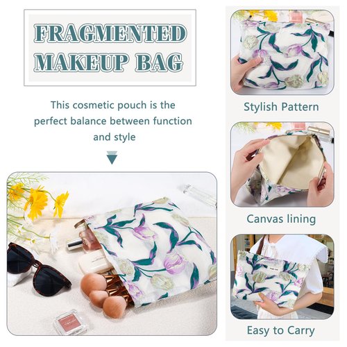 ZLFSRQ Tulip Makeup Bag Travel Cute Purple Flower Floral Cosmetic Bags for Women Large Embroidery Makeup Pouch Zipper Cosmetic Pouch for Purse Aesthetic Makeup Organizer Bag Portable Toiletry Bag