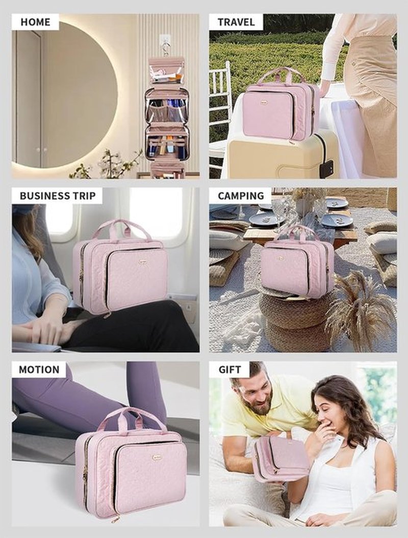 BALULHG Pink Toiletry Bag Travel with Hanging Hook, Water-resistant Cosmetic Makeup Bag Organizer for Shampoo, Full Sized Container, Toiletries