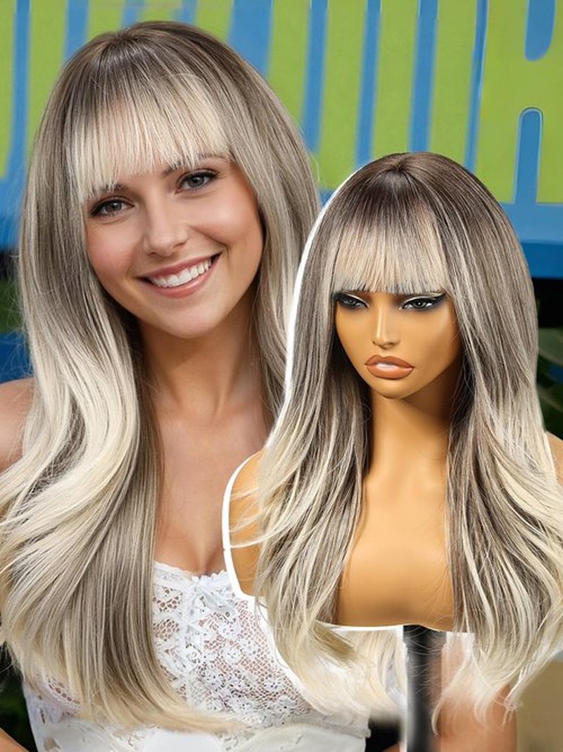 KOME Ombre Grey Wigs with Bangs,Long Layered Wig for Women,Long Wavy Wigs Synthetic Hair Wig for Party Daily Use 26IN