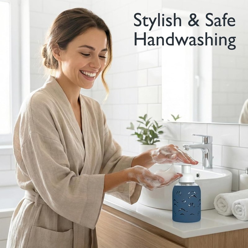 Foaming Glass Hand Soap Dispenser with Pump - Refillable Kitchen & Bathroom Soap Bottle | Storm Blue 8oz, Non-Slip Silicone Sleeve