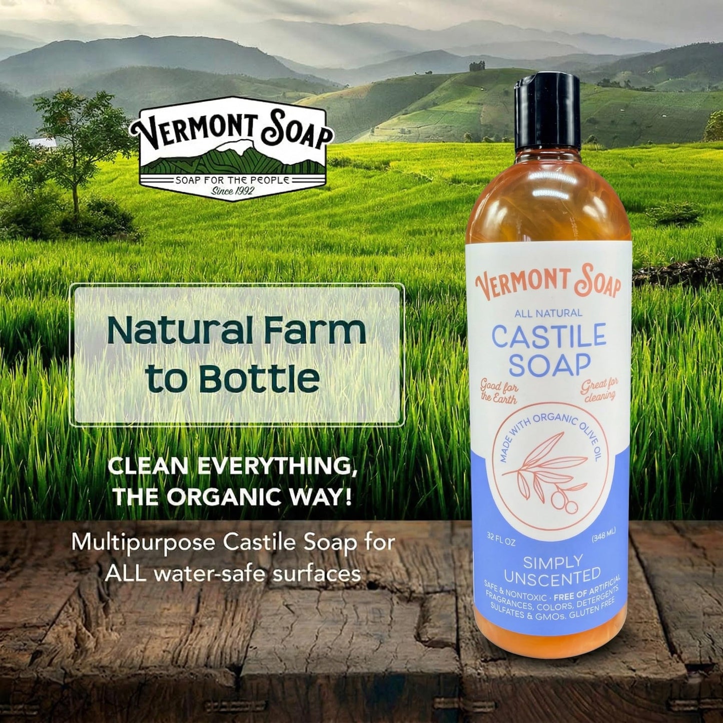 Vermont Castile Soap Unscented, Gentle Liquid Soap for Sensitive Skin & Natural Body Wash, Organic Hair Shampoo for Oily Hair, Aloe Castile Soap for Men & Women - 32 oz