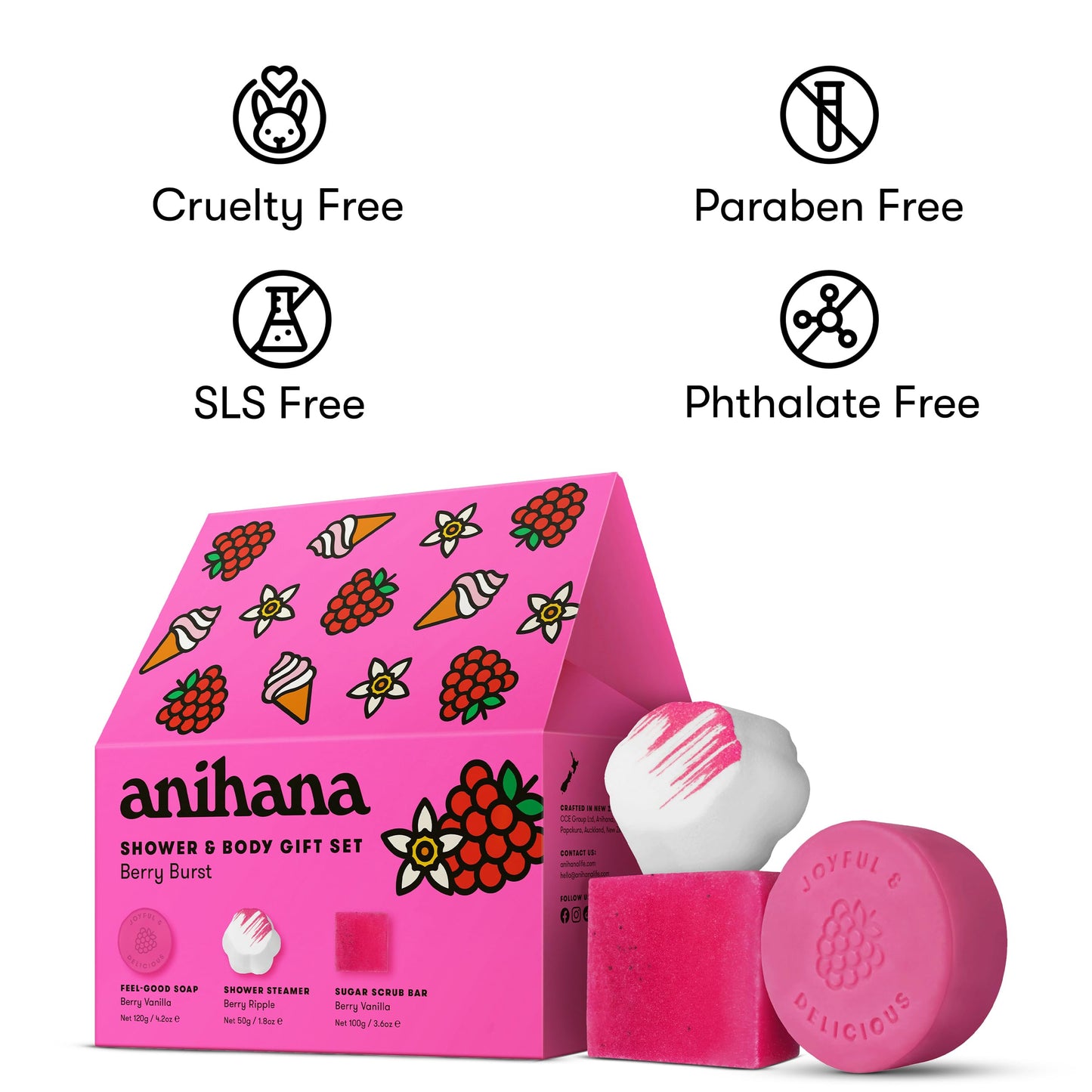 ANIHANA Berry Burst Shower & Body Gift Set with Shower Steamer, Body Scrub Bar, and Feel-Good Soap