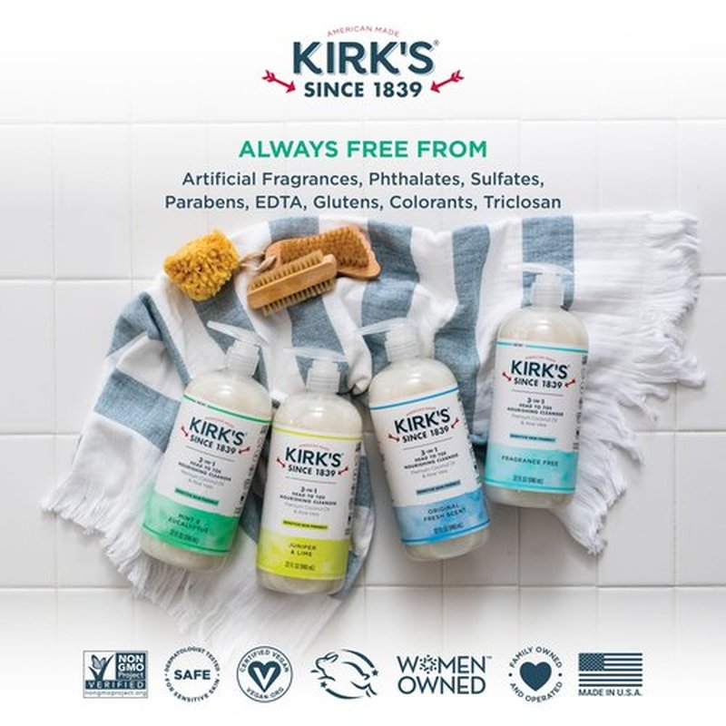 Kirk's 3-in-1 Liquid Soap Head-to-Toe Shampoo, Face Soap & Body Wash for Men, Women & Children | Mint & Eucalyptus Scent | 32 Fl Oz. - 2 Pack