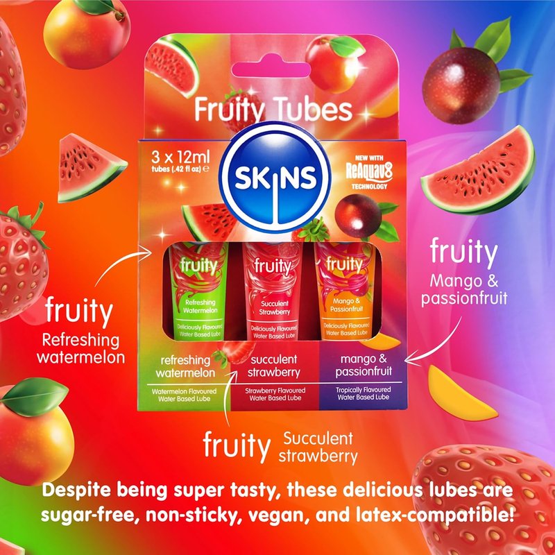 SKINS Flavored Lube Set - 3 Fruity Edible Water-Based Lubricants for Oral & Intercourse | Watermelon, Strawberry, Mango & Passionfruit