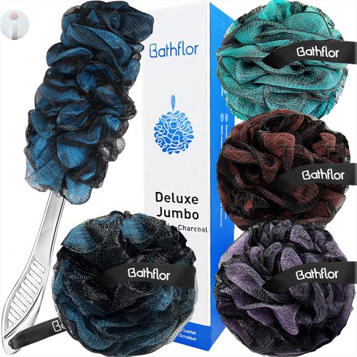 Bathflor Shower Loofah Sponge Exfoliating Body Scrubber 80g, Charcoal Loofa for Women & Men Bath Wash: 1 Long Handle Back Brush Plus 4 Packs Extra Large 80g Soft Luffa Poufs, 1 Lufa Hook (Charcoal)