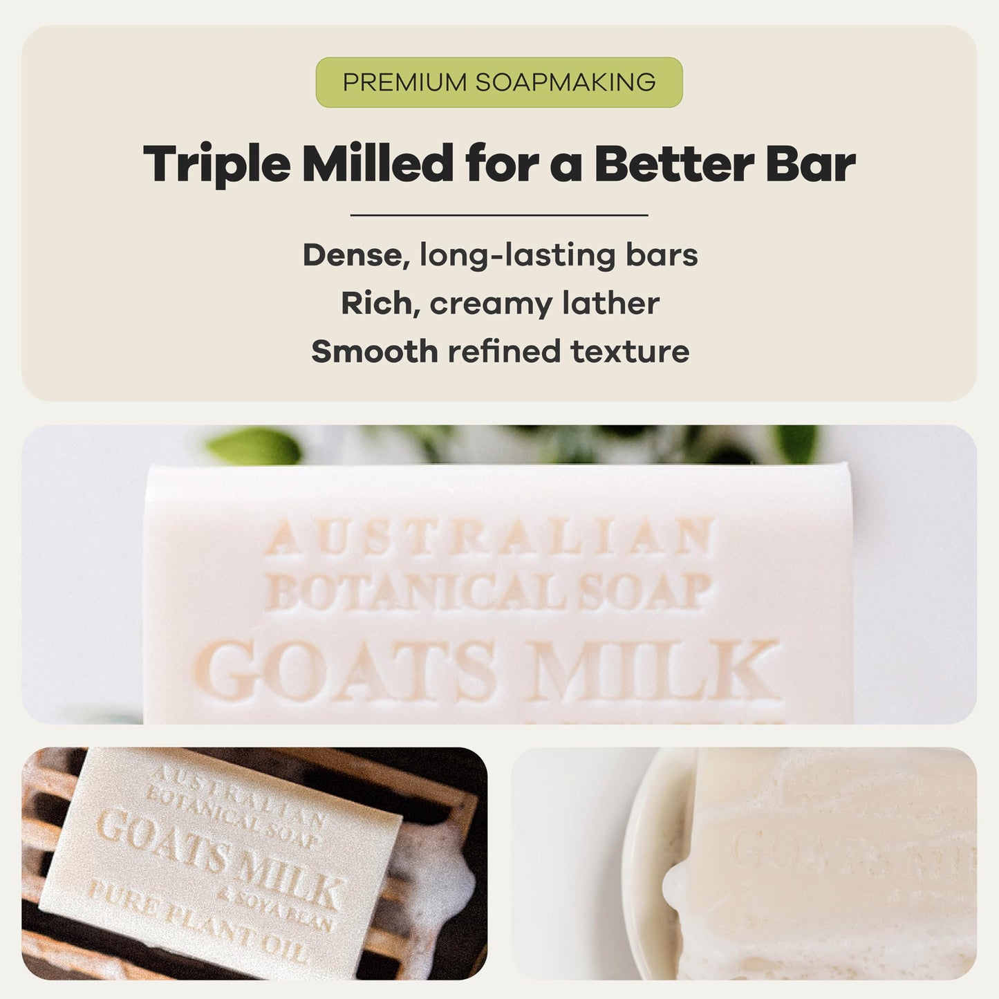 Australian Botanical Goats Milk Soap with Soya Bean 6.6 OZ Luxury Soap Bars Enriched Shea Butter, Luxury Face, Hand and Body Bars Suitable for All Skin Types, Pack of 4