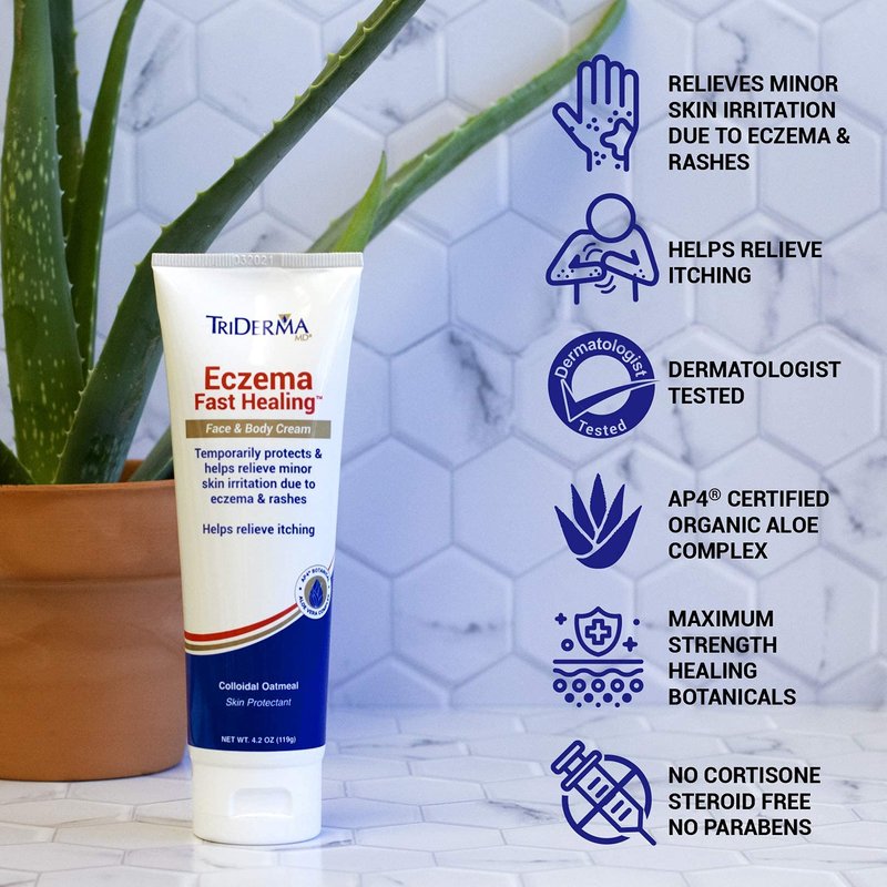 TriDerma Fast Healing Eczema Cream for Adults, FSA Eligible, Colloidal Oats, AP4 Aloe Vera Gel, Vitamins, Eczema Relief Cream for Face & Body Itchy Skin & Rashes, No Cortisone or Fragrance - 4.2oz