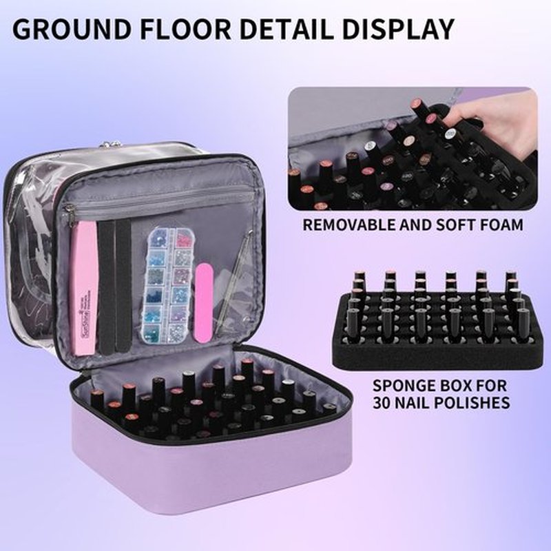 Clear Nail Polish Organizer Double layer Nail Polish Holds 30 Bottles and Nail Lamp, Nail Dryer Case Storage Supplies with Adjustable Dividers, Portable Nail Carrying Bag for Nail Tech (Purple)