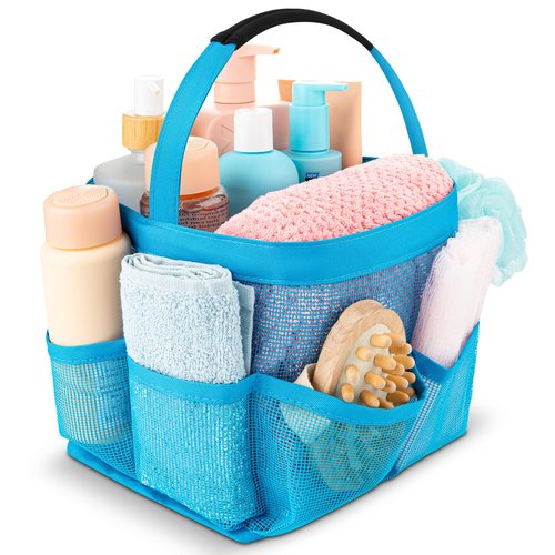 Masirs Mesh Shower Caddy Bag - Collapsible, Portable Bathroom Organizer for Travel, Gym, and Dorm Use. Easily Carry and Organize College Dorm, Bathroom Toiletry Essentials. (Blue)