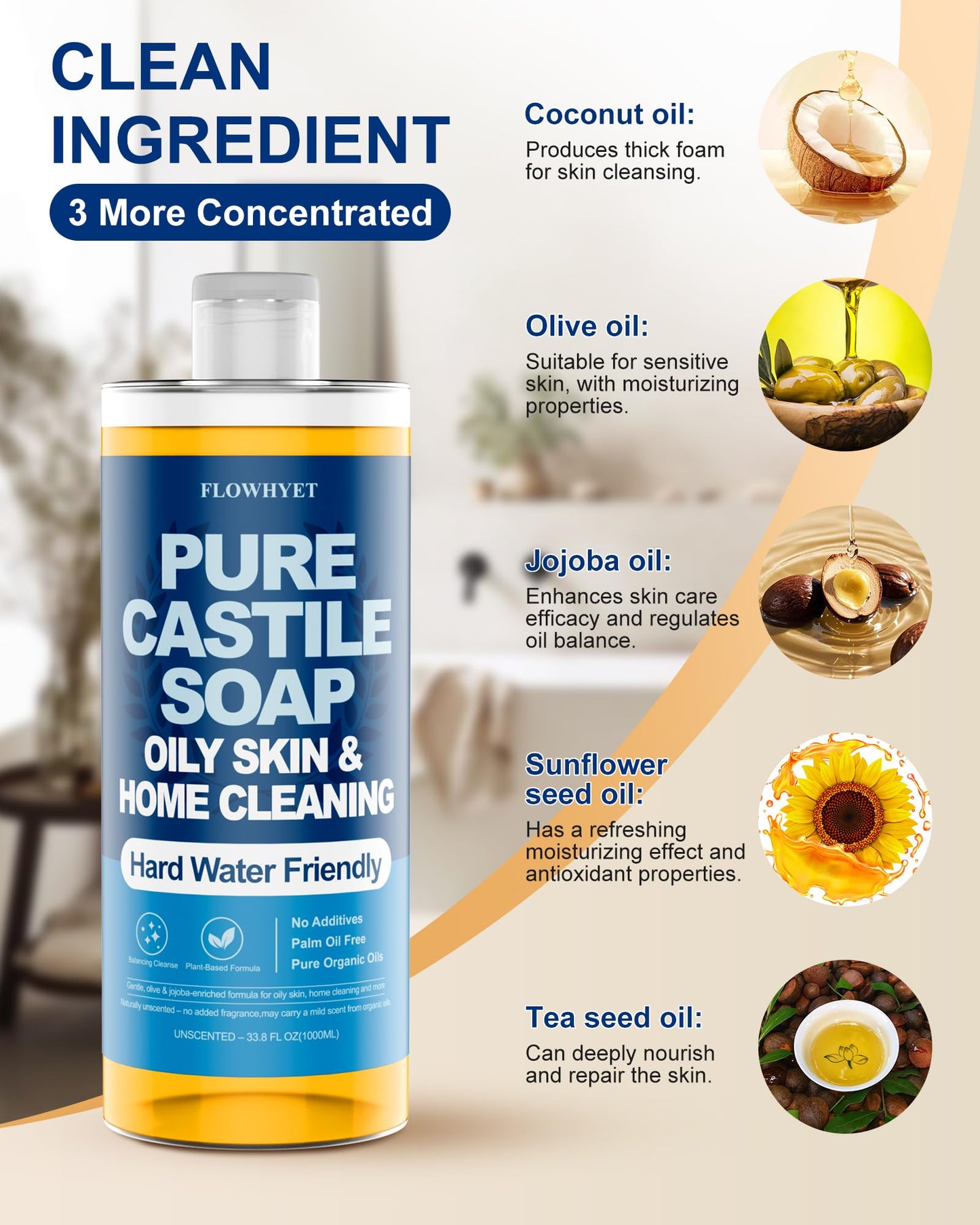 FLOWHYET Pure Castile Soap Liquid Unscented 33.8 fl oz, Organic Body Wash，Bath Soap Castile Liquid, Hard Water Friendly for Sensitive & Oily Skin for Body，Face, Hand, Multi-Purpose Home Cleaner
