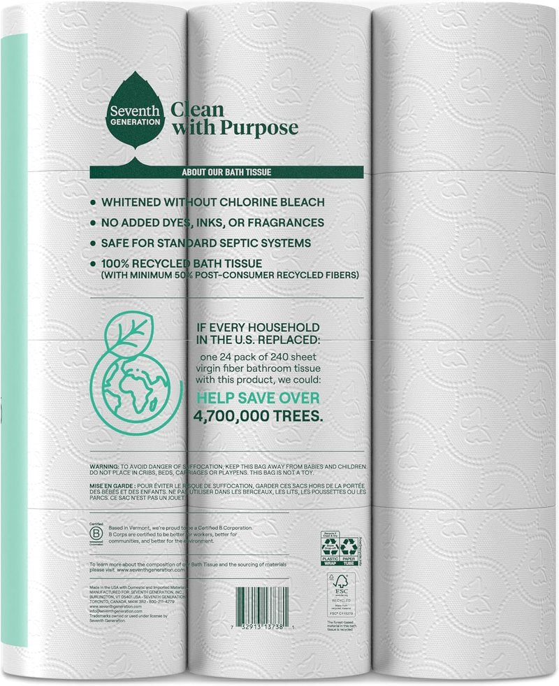Seventh Generation Toilet Paper - 100% Recycled 2-Ply Bath Tissue | Extra Soft, Chlorine-Free, 12 Rolls