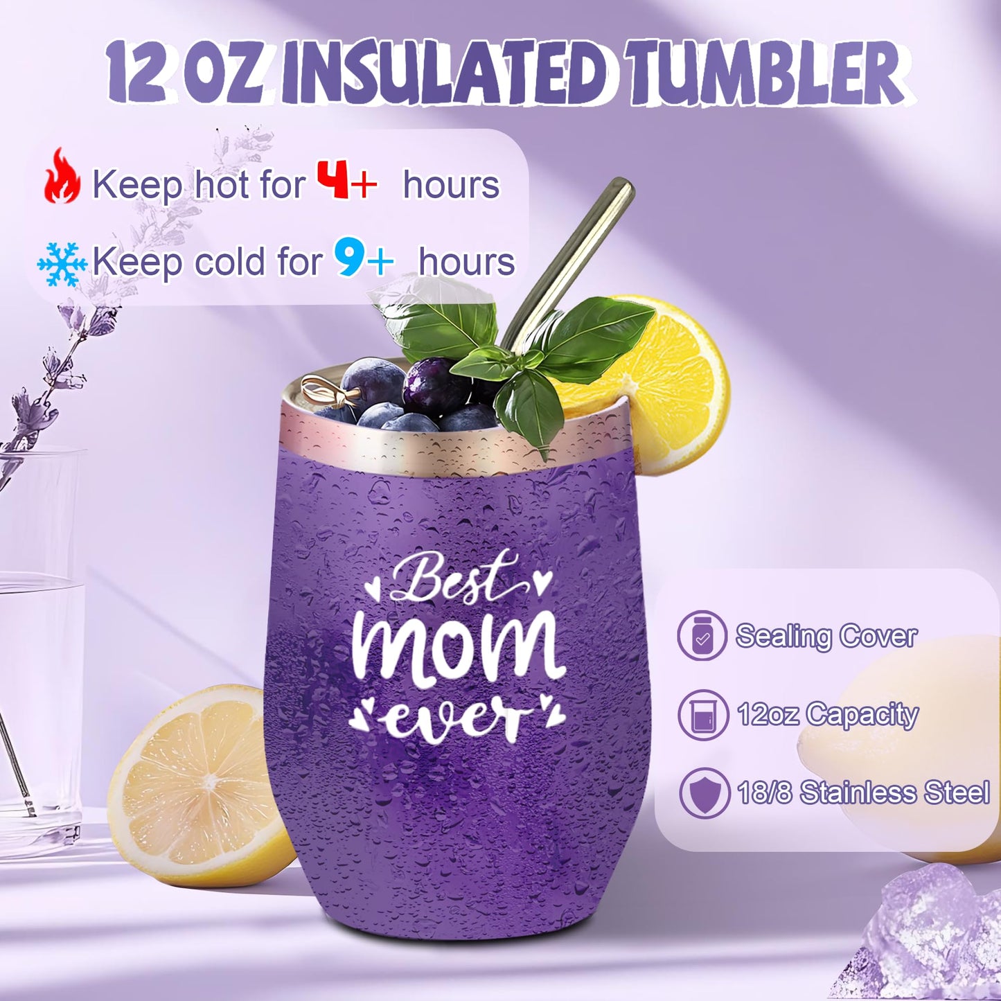 Neekiko Gifts for Mom, 9PCS Unique Mom Birthday Gifts, Purple Lavender Relaxing Gift Basket Set with 12oz Wine Glass, Mothers Day Gifts from Daughter Son