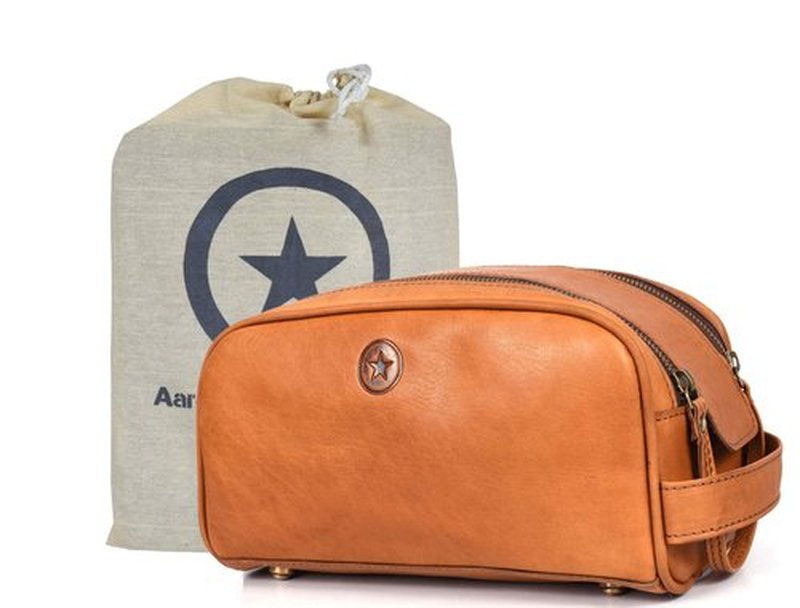10" Premium Leather Toiletry Travel Pouch With Waterproof Lining | King-Size Handcrafted Vintage Dopp kit By Aaron Leather Goods (Walnut Tan)