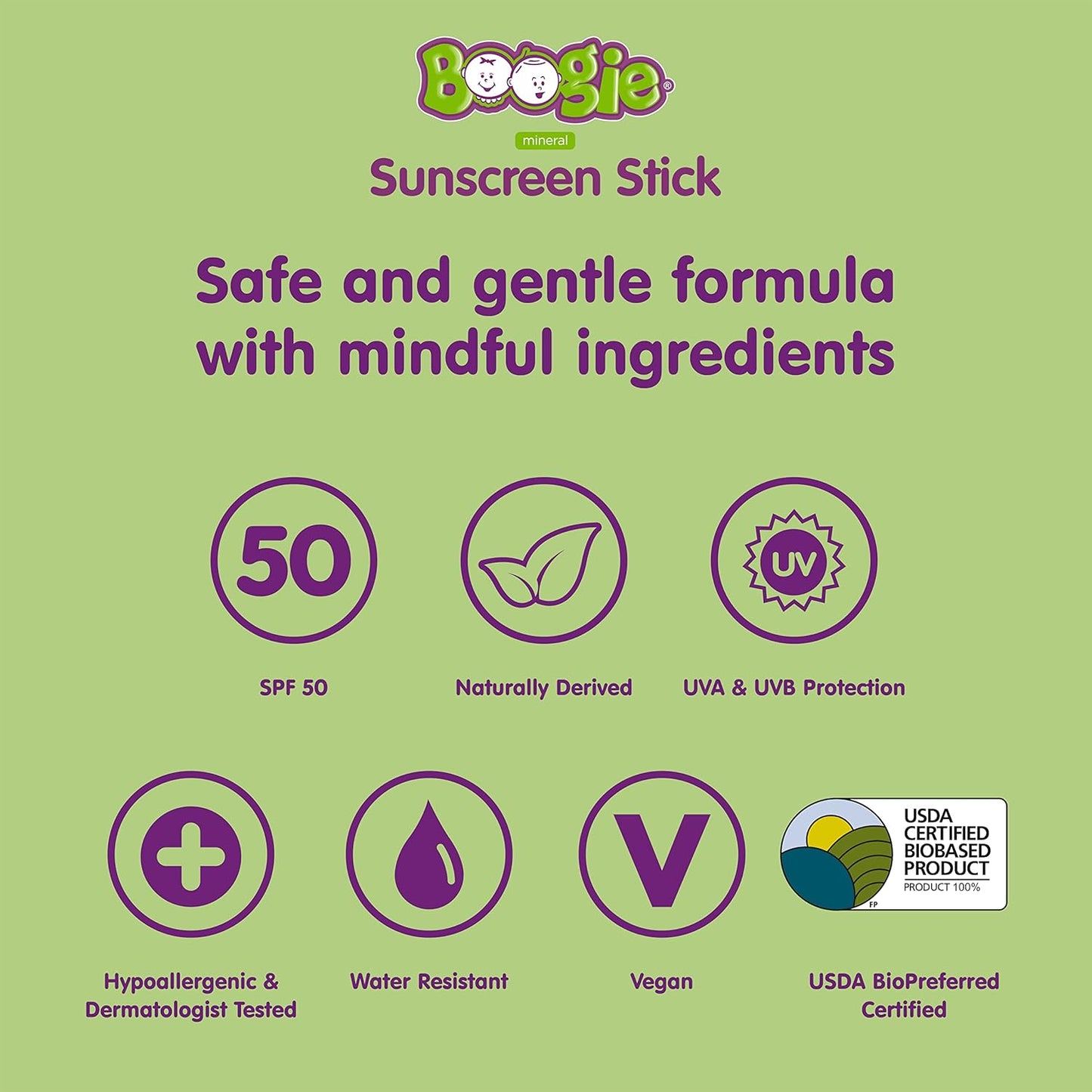 Boogie Block Baby Sunscreen Stick SPF 50 - Mineral Zinc Oxide, Travel Size, Water Resistant, Vegan, Fragrance Free (Pack of 3)