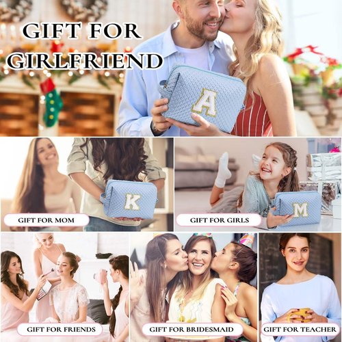 YOOLIFE Gifts for Women Girls - Birthday Gifts for Women, Personalized Gifts for Girl Her Mom Friend Sister Bridesmaid Teacher Women, Teen Girl Gifts Ideas, Blue Initial Makeup Bag Cosmetic Bag A