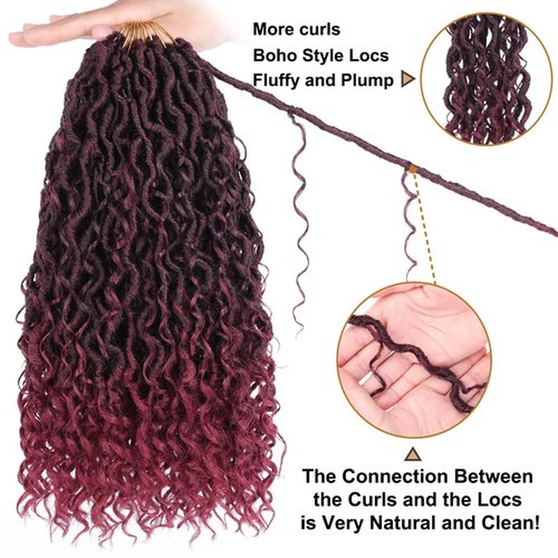 COOKOO 8 Packs Goddess Faux Locs Crochet Hair Burgundy Red 14 Inch Pre Looped Goddess Locs Crochet Hair Curly Crochet Locs Hair for Black Women Boho River Locs Synthetic Hair Extensions Tbug#