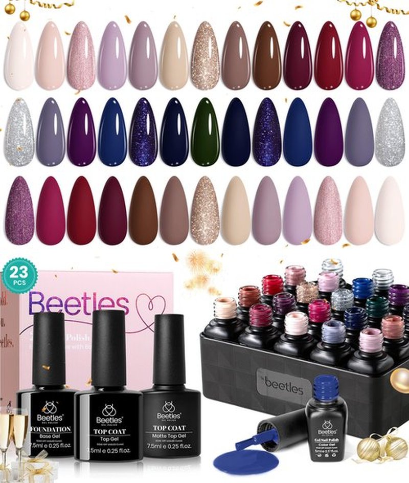 beetles Winter Gel Nail Polish Set 20 Colors Neutral Shimmer Nude Brown Red Gel Polish Royal Blue Gel Nail Kit with Base Matte&Glossy Top Coat Soak off Uv Lamp Manicure Set Winter Gift for Women