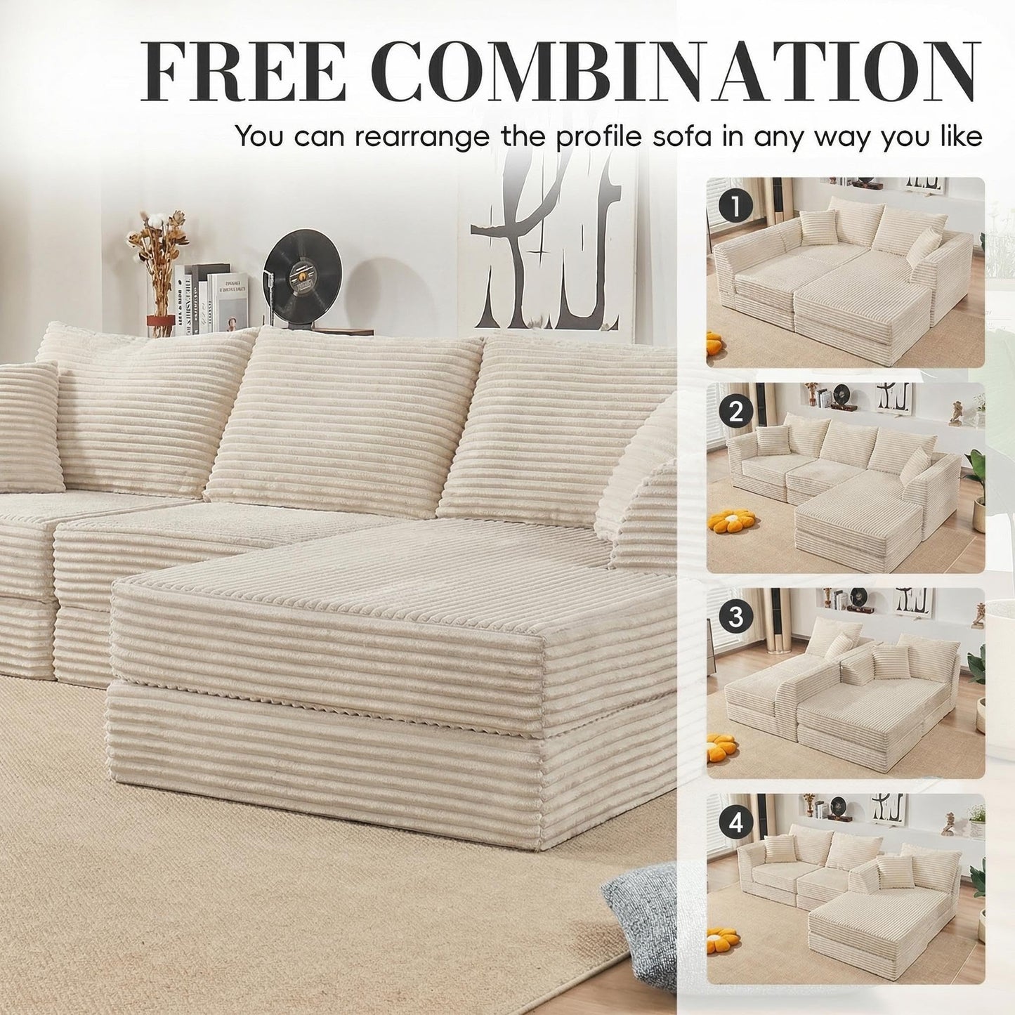106” Modular Sectional Sofa,Modular Cloud Sofa L-Shaped Cloud Couch with High-Density Foam & Corduroy Fabric,Boneless Couch Deep Seat Couch for Living Room Apartments Bedroom No Assembly Required