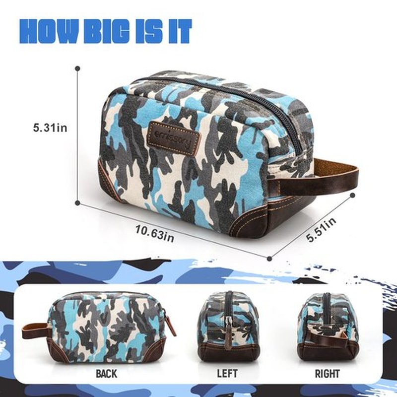 emissary Men's Toiletry Bag, Leather and Canvas Travel Toiletry Bag, Dopp Kit for Men, Travel Bathroom Bag Men's Shaving Kit, Travel Kit Small Bags for Men, Shaving Bag for Travel (Camo-Blue)