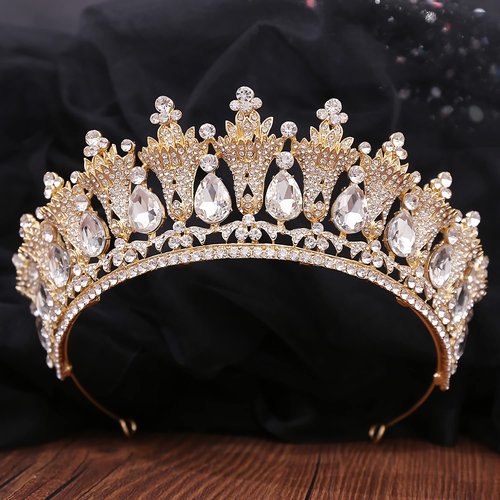 WIOJEIGO Women's Birthday Fairy Crown Crystal Wedding Tiara Queen Rhinestone Headbands for Prom Party Gold