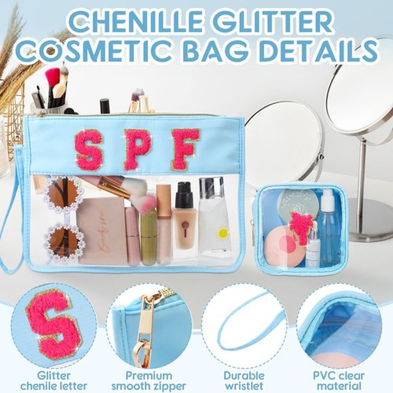 Hillban 2 Pcs Clear SPF Makeup Bag Chenille Letter Patch Sunscreen Bag Preppy Pouch Clear Cosmetic Toiletry Bag Zipper Purse Summer Beach Pool Sunscreen Bag(Spf Theme)