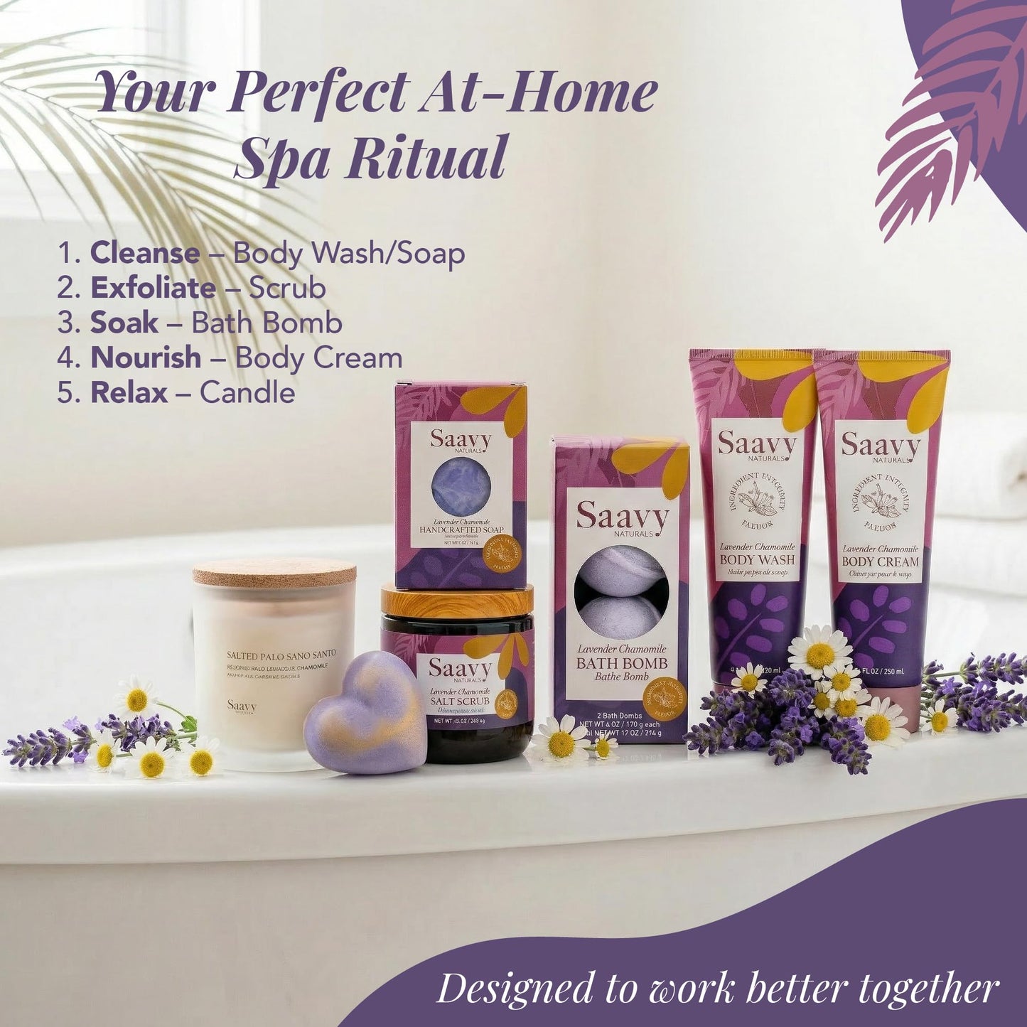 Saavy Naturals Spa Gift Basket, Relaxing Tahitian Vanilla Scented Gift Basket with Body Wash, Sugar Scrub, and More, Spa Self Care Gift Baskets for Women
