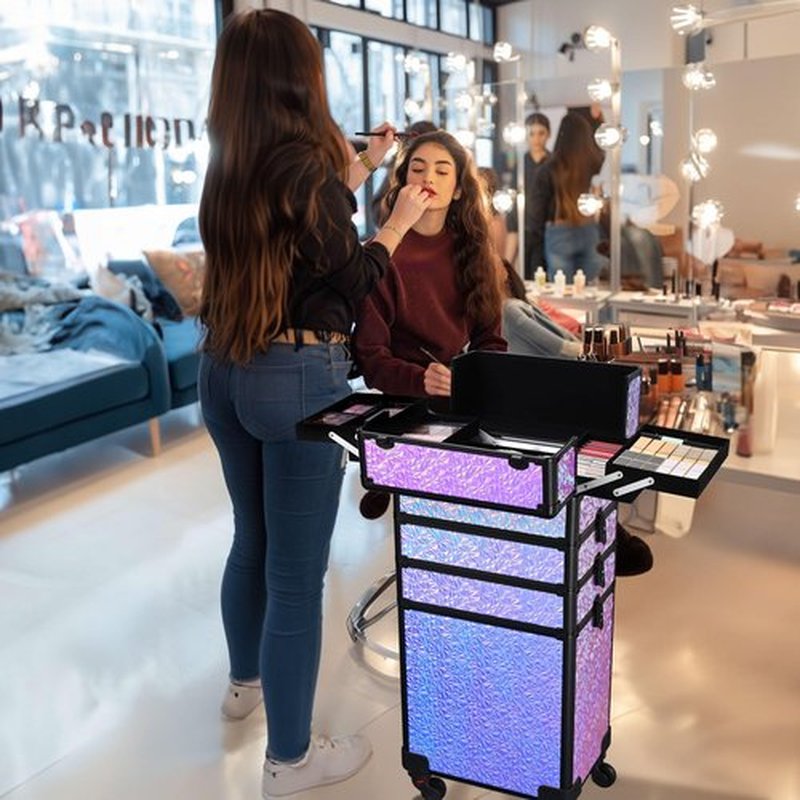 BYOOTIQUE Rolling Makeup Train Case 4in1 Cosmetic Trolley Organizer Travel Case Lockable Salon Barber Case Traveling Cart Trunk with Wheels for Makeup Artist Trave Nail, Mermaid Purple