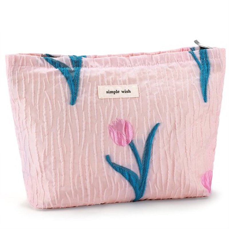 ZLFSRQ Tulip Makeup Bag Travel Cute Pink Flower Floral Cosmetic Bags for Women Large Embroidery Makeup Pouch Zipper Cosmetic Pouch for Purse Aesthetic Makeup Organizer Bag Portable Toiletry Bag