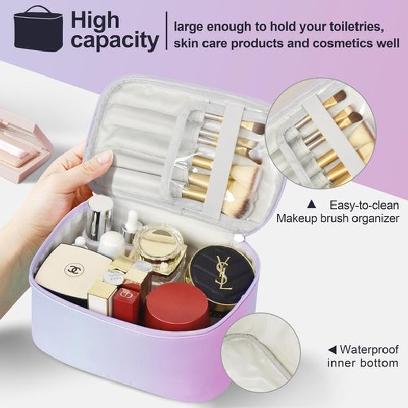 Makeup Bag Portable Travel Cosmetic Bag for Women, Beauty Zipper Makeup Organizer PU Leather Washable Waterproof（Rainbow Pink)