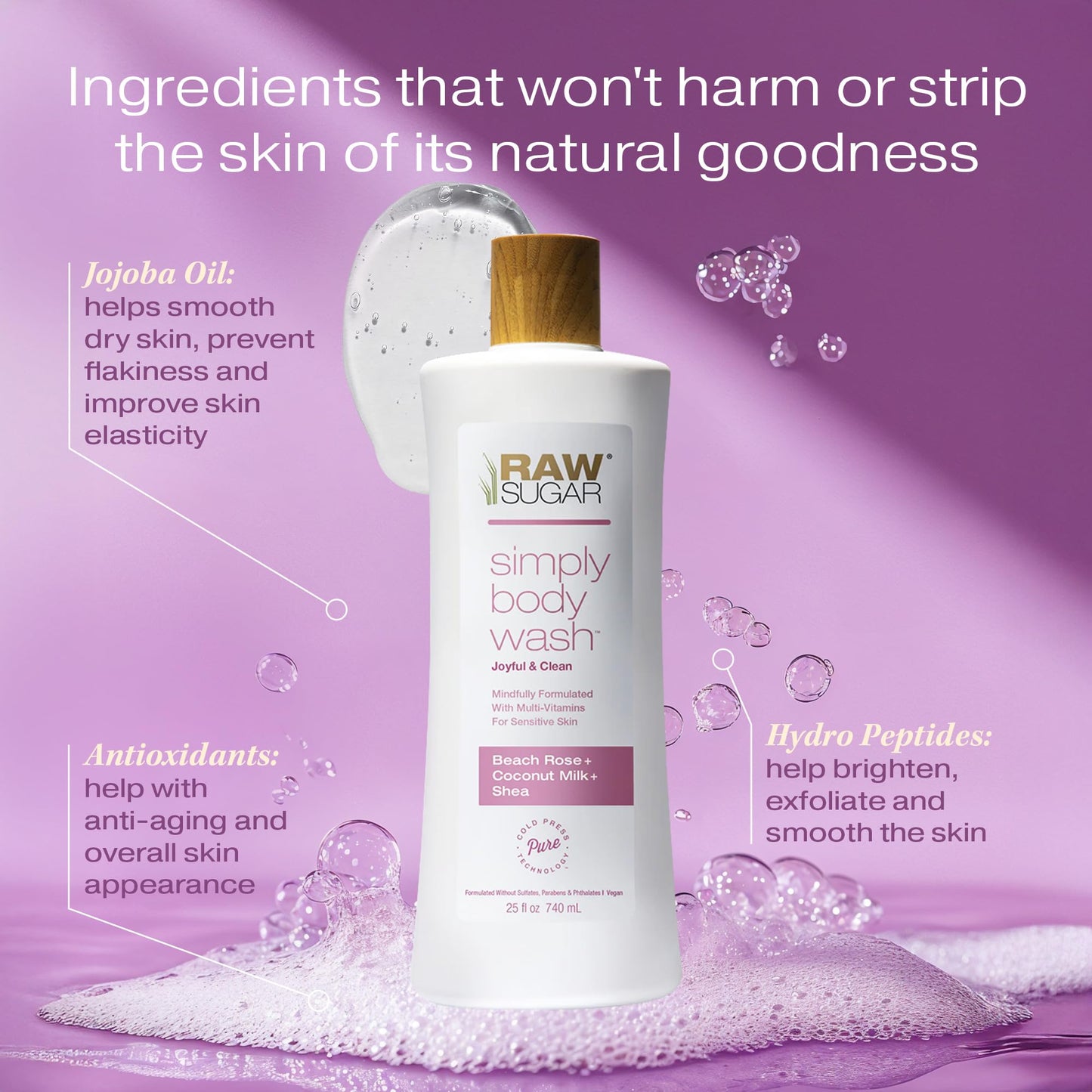 RAW SUGAR Simply Body Wash, Beach Rose + Coconut Milk + Shea (25 Fl Oz, Pack of 1) Sensitive Skin Bath Soap, Formulated without Sulfates & Parabens