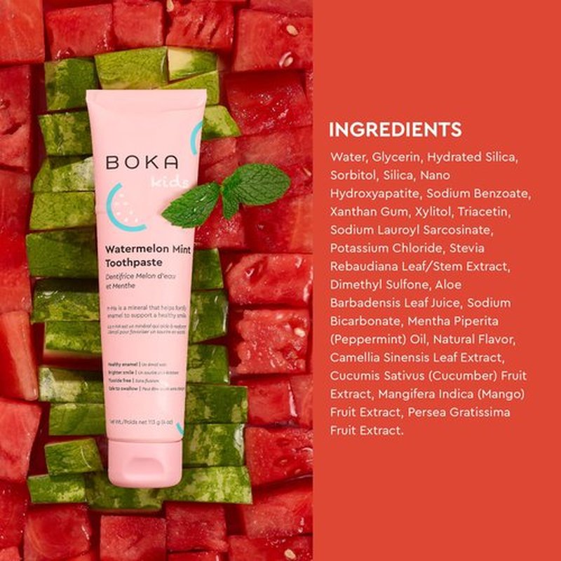 Boka Fluoride Free Toothpaste- Nano Hydroxyapatite, Remineralizing, Sensitive Teeth, Whitening- Dentist Recommended for Adult, Kids Oral Care- Watermelon Mint Flavor, 4oz 1Pk - US Manufactured