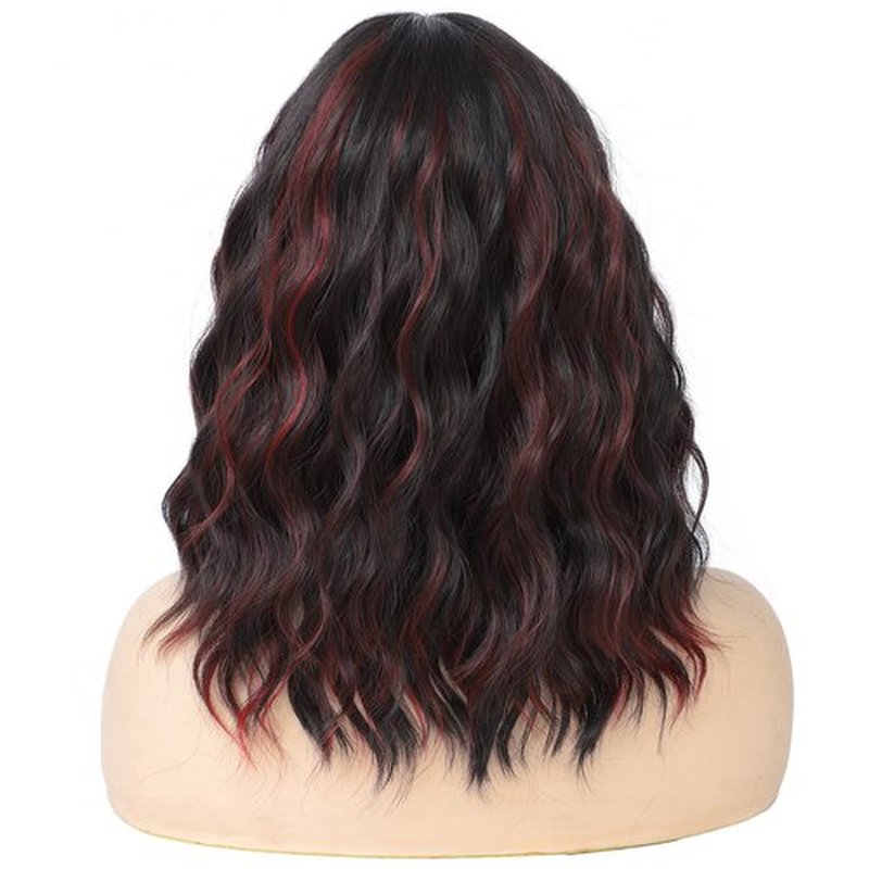 Rose bud Wavy Bob Wig Natural Wig Dark Brown mix Red Synthetic Hair Shoulder Length Short Curly Middle Part Lace Front Wigs for Women